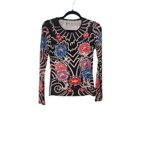 YMX Tattoo Print Phoenix Top Womens Small Black Multi Excellent